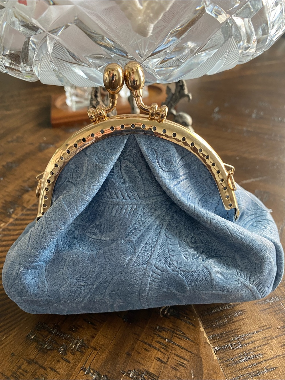 Isadora Italy Vintage-Inspired Blue Tooled Leather Kiss-Lock Wallet to Purse